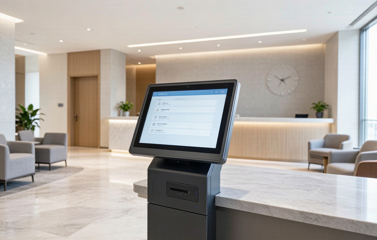 Fixed-mounted industrial kiosk in commercial setting
